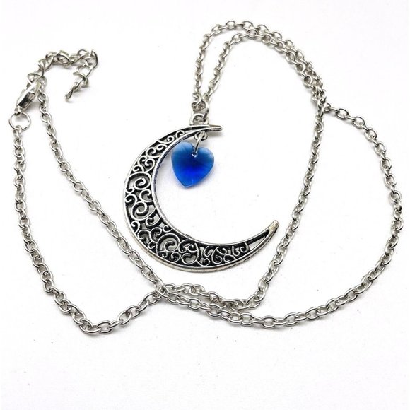 Filigree Crescent Moon Pendant Necklace Silver Tone Faceted Blue Heart Drop - Picture 1 of 7